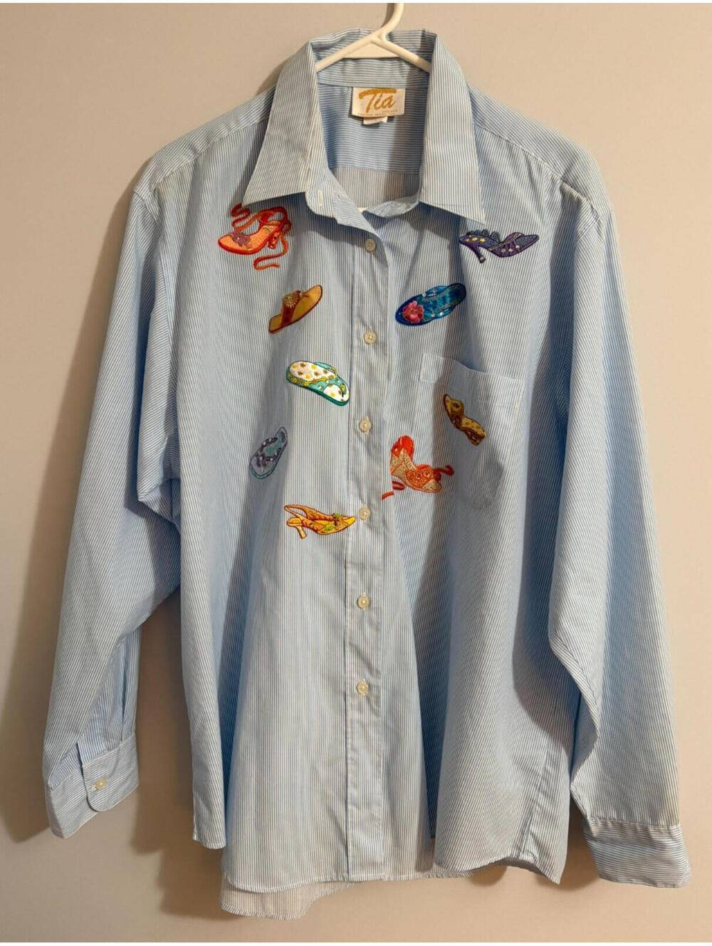 Vintage Tia Designs Womens Blue Striped Shirt  Bling Novelty Shoes Theme 1X